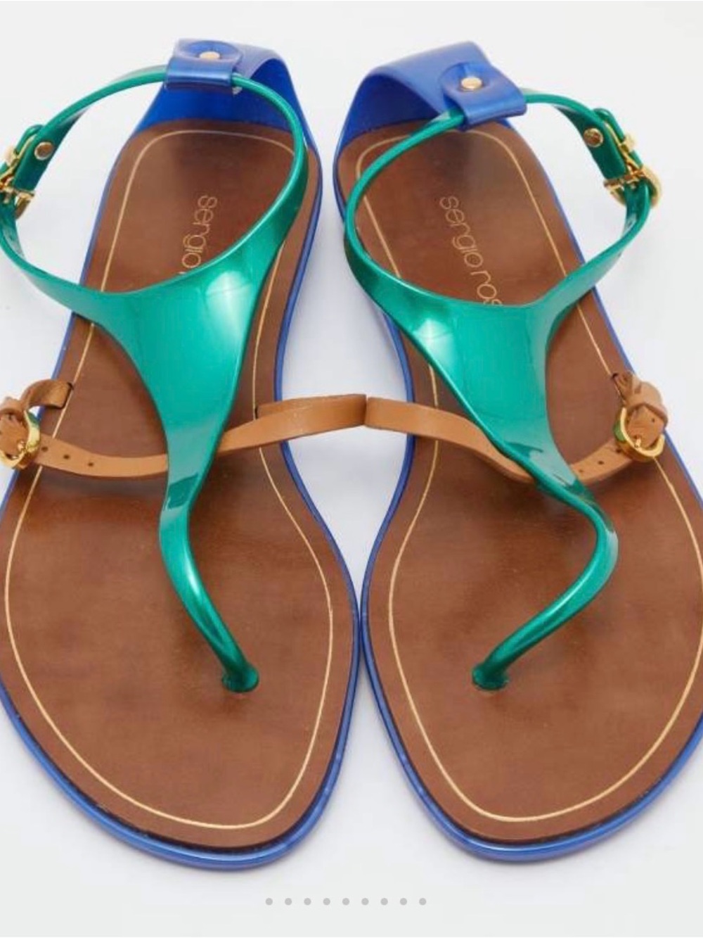 VINTAGE Sergio Rossi Jelly Sandals Cleo Green Blue Tan Colorblock Size 36